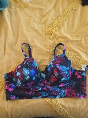Floral Longline Underwire Bathing Suit Top- Black with Pink & Blue Floral